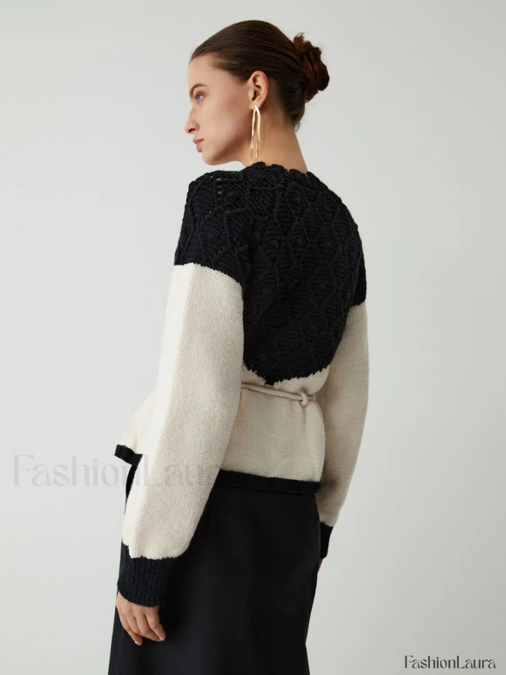 Pointelle Knit Patchwork Trendy Tie Front Sweater Sweaters L