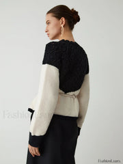 Pointelle Knit Patchwork Trendy Tie Front Sweater Sweaters L
