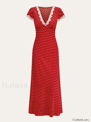 Polka Dot Lace Trim Dress Red / XS Dresses