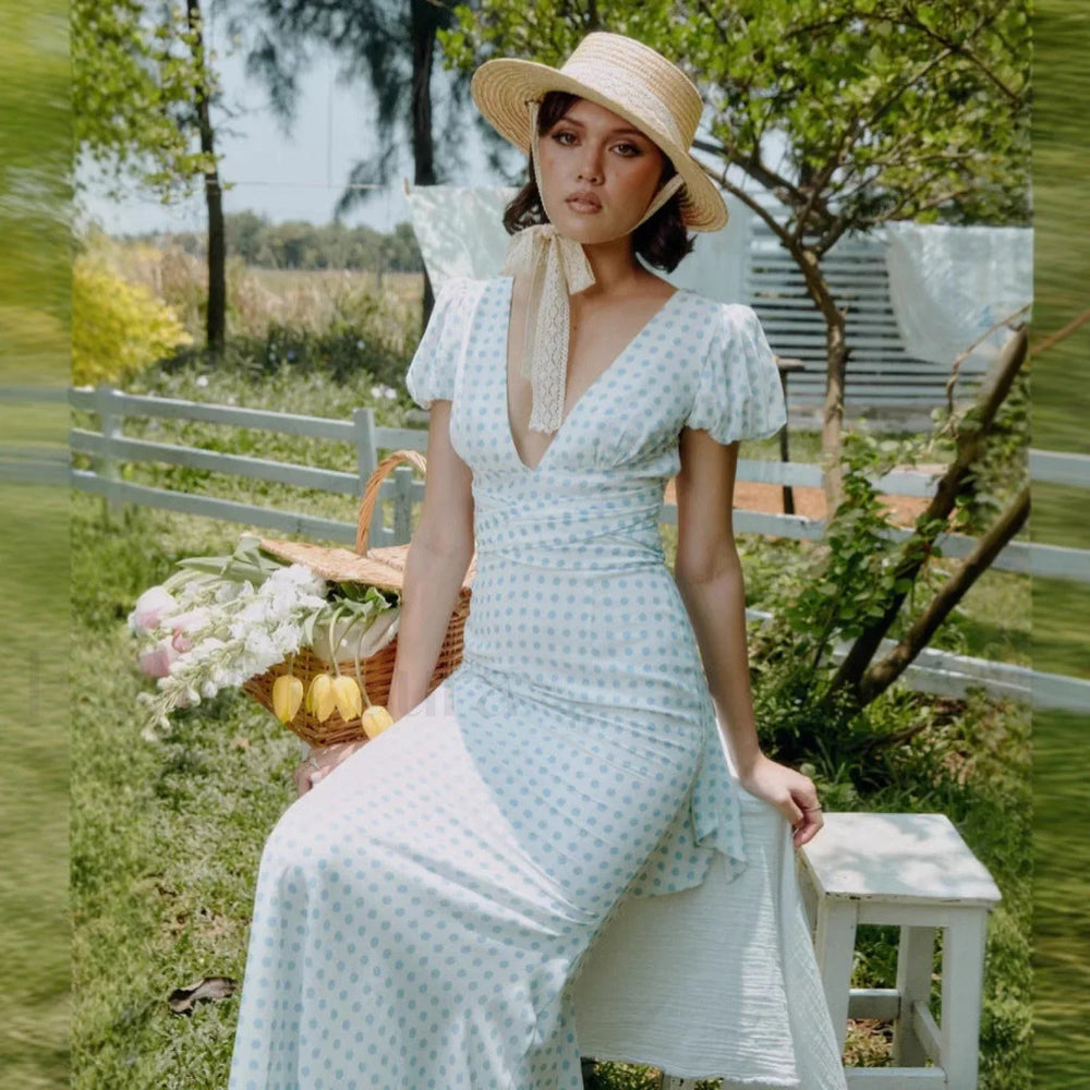 Polka Dot Lace Up French Gentle Wind Maxi Dress