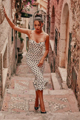 Polka Dot Pleated Slim Waist Strappy Maxi Dress