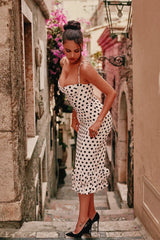 Polka Dot Pleated Slim Waist Strappy Maxi Dress