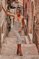 Polka Dot Pleated Slim Waist Strappy Maxi Dress