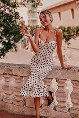 Polka Dot Pleated Slim Waist Strappy Maxi Dress White / S