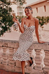 Polka Dot Pleated Slim Waist Strappy Maxi Dress White / S