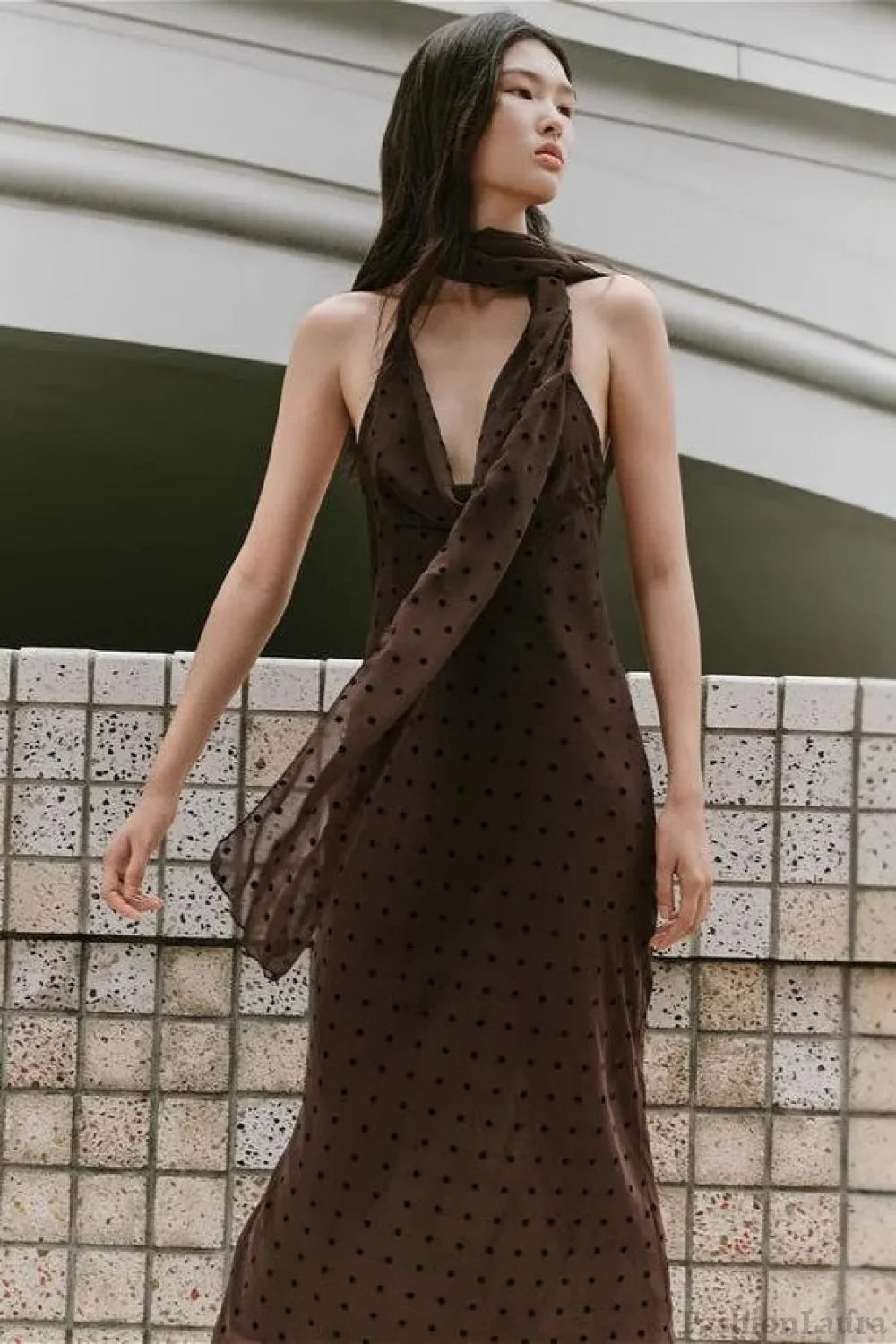 Polka Dot Scarf Neck Halter Maxi Dress