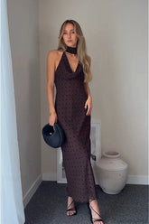 Polka Dot Scarf Neck Halter Maxi Dress Brown / S