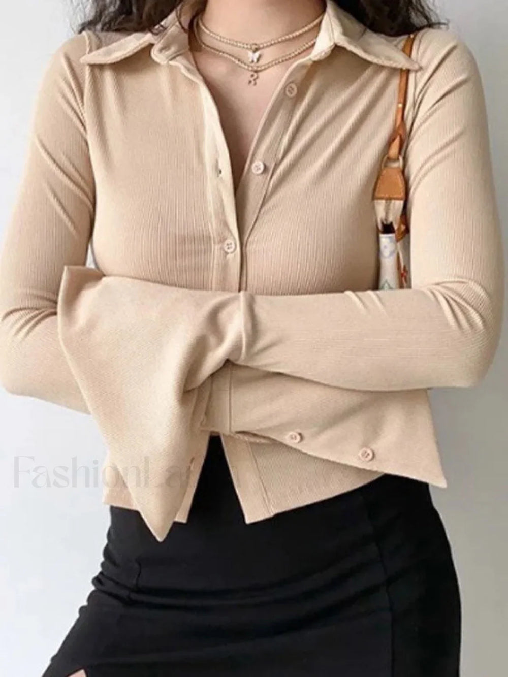 Polo Neck Long Sleeve Rib Blouse Long Sleeves