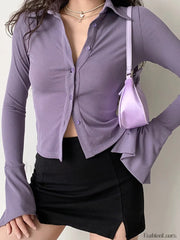 Polo Neck Long Sleeve Rib Blouse Long Sleeves