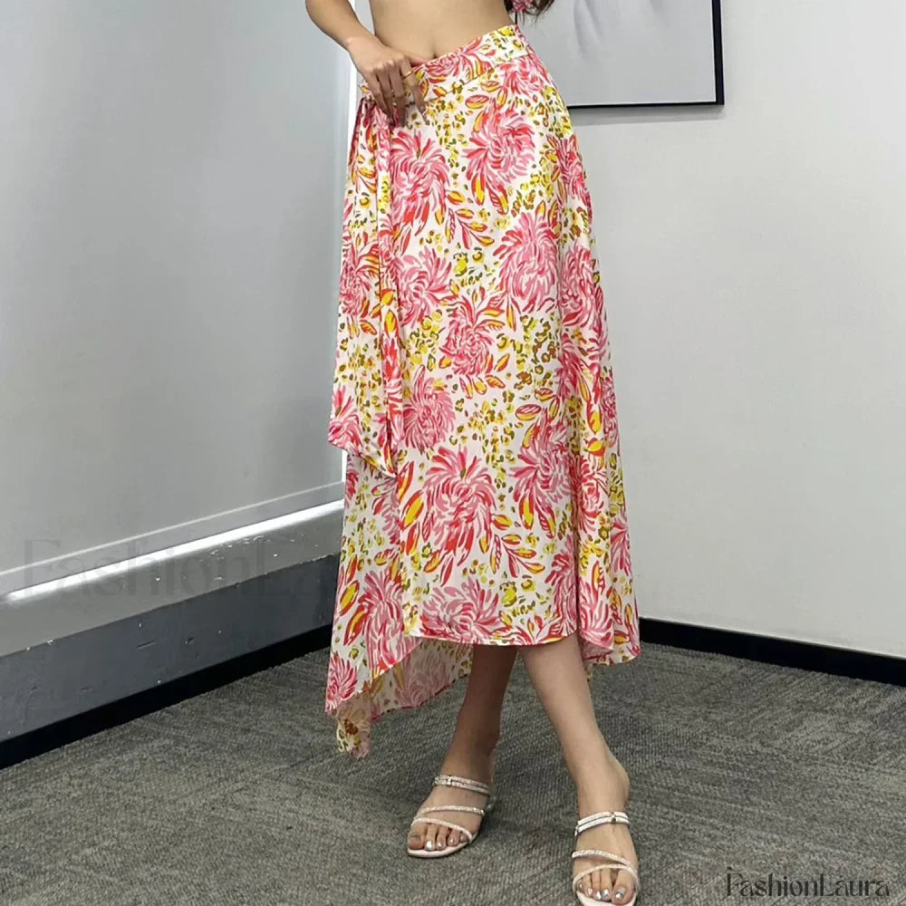 Printed Asymmetric Straight Skirt RED / S