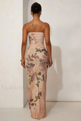 Printed Backless Tube Top Bodycon Maxi Dress