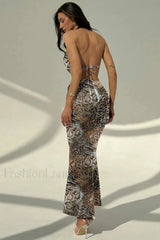 Printed Hollow Snake Pattern Sexy Perspective Floral Dress