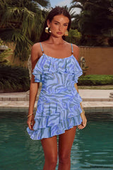 Printed Ruffle Edge Strappy Vacation Floral Dress Blue / S