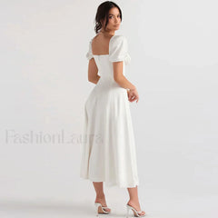 Puff Sleeve Tie Front High Split Off Shoulder Midi Sundress White L / White Off Shoulder Dresses