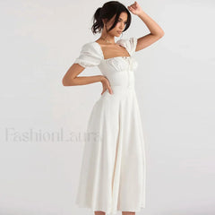 Puff Sleeve Tie Front High Split Off Shoulder Midi Sundress White M / White Off Shoulder Dresses