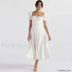 Puff Sleeve Tie Front High Split Off Shoulder Midi Sundress White S / White Off Shoulder Dresses