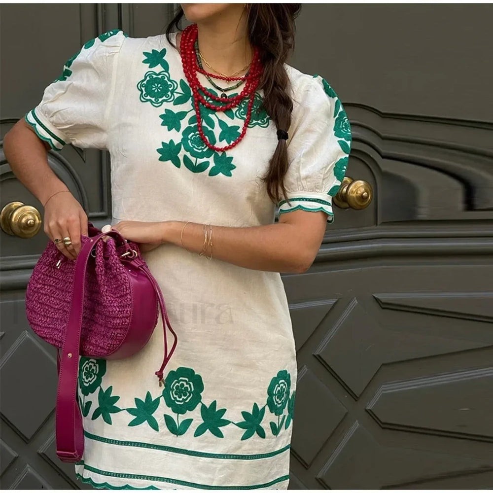 Puff Sleeve Wave Hem Boho Dress Green / S