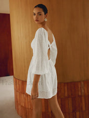 Pure Cotton Lantern Trendy Sleeve Short Dress White / XS Dresses