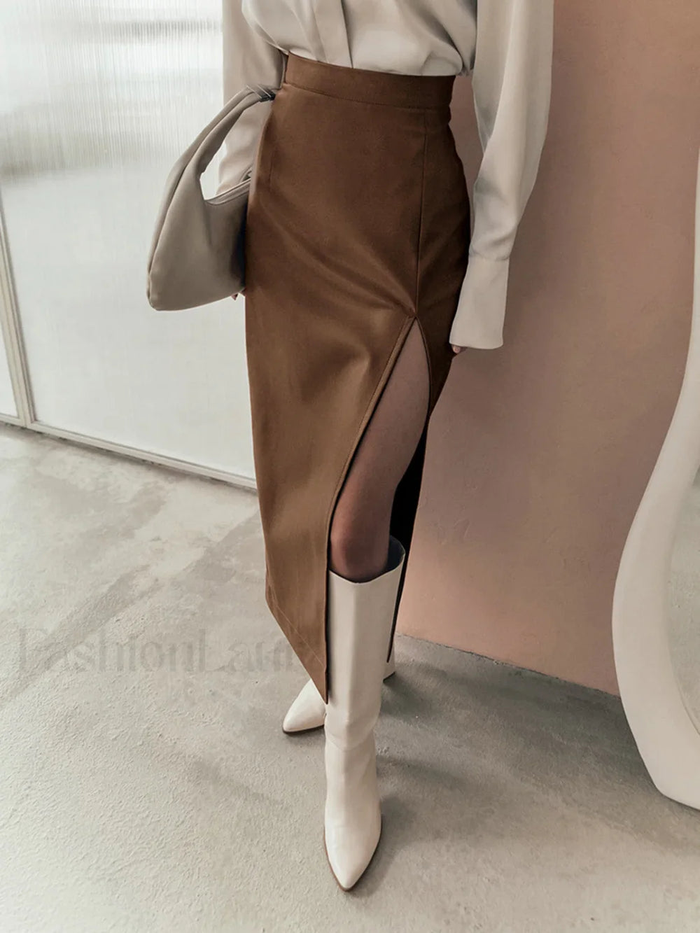 Quiet Luxury Faux Trendy Leather Slit Midi Skirt Brown / XS Skirts