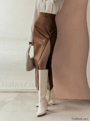 Quiet Luxury Faux Trendy Leather Slit Midi Skirt Skirts