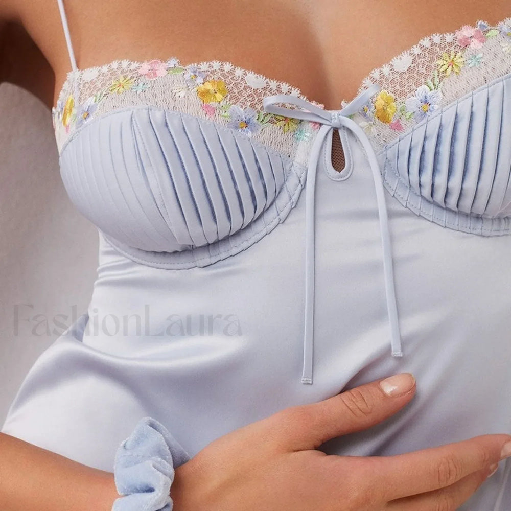 Refresh Floral Lace Frilled Bustier Satin Slip Mini Dress Baby Blue Satin Dresses