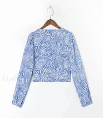 Retro Blue Zebra Striped Slim Cropped Tops Blouse