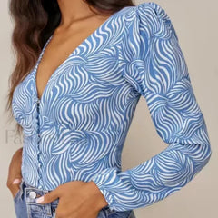 Retro Blue Zebra Striped Slim Cropped Tops Blouse
