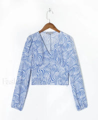 Retro Blue Zebra Striped Slim Cropped Tops Blouse Blue / S