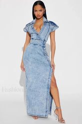 Retro Button Split Denim Maxi Dress Blue / S