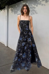Retro Floral Strappy Backless High Split Pleated Maxi Dress Black / S