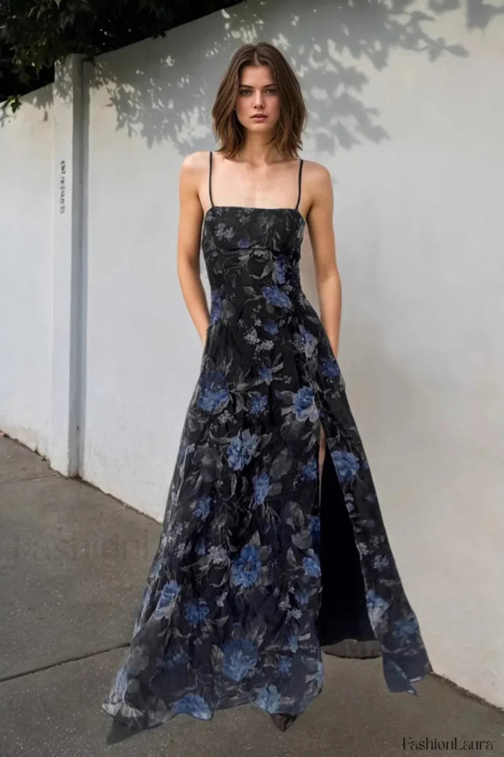 Retro Floral Strappy Backless High Split Pleated Maxi Dress Black / S