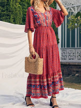 Retro High Waist Boho Dress Red / S