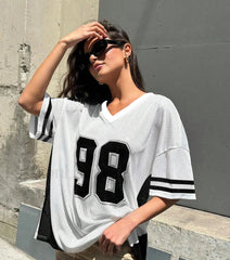 Retro Patchwork 98 Print V Neck T Shirt white / XXS