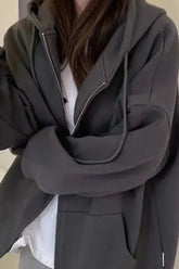 Retro Solid Color Zip Up Hoodie Dark Grey / M