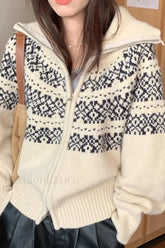 Retro Turtleneck Ribbed Cardigan Beige / One Size