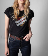 Rhinestone Love Heart Cotton T Shirt Black / XS