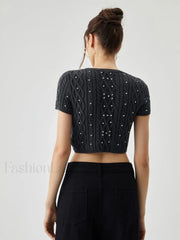 Rhinestones Decor Cable Trendy Knit Crop Top Sweaters L