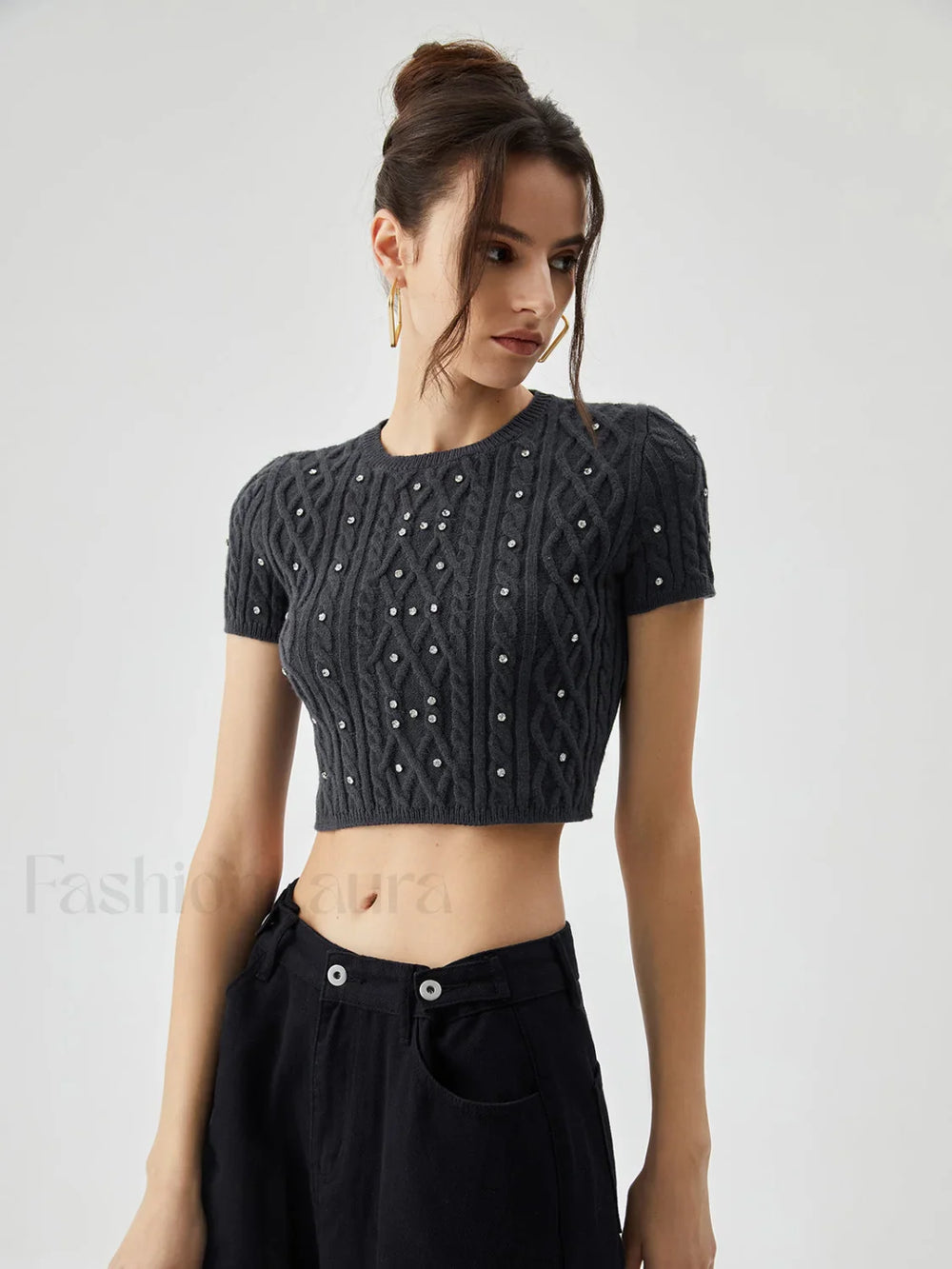 Rhinestones Decor Cable Trendy Knit Crop Top Sweaters L