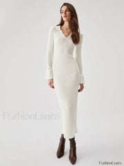 Ribbed Knit Long Sleeve Modern V neck Collar Long Dress Sweaters L