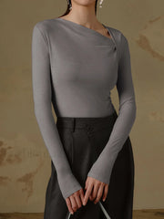 Ribbed Knit Long Trendy Sleeve Asymmetric Shirt Grey / XS T Shirts
