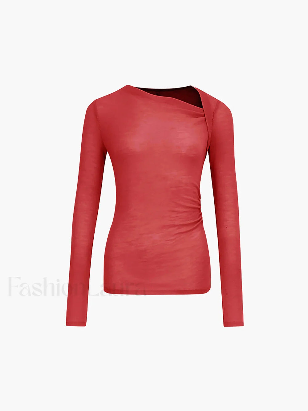 Ribbed Knit Long Trendy Sleeve Asymmetric Shirt Red / XS T Shirts