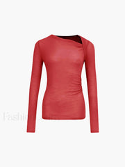Ribbed Knit Long Trendy Sleeve Asymmetric Shirt Red / XS T Shirts