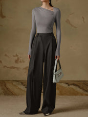 Ribbed Knit Long Trendy Sleeve Asymmetric Shirt T Shirts