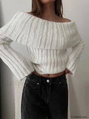 Ribbed Knit Overfold Trendy Off Shoulder Knit Top Sweaters L