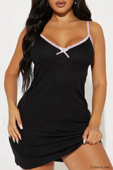 Ribbed Lace Trim Pure Desire Strappy Mini Dress Black / S