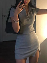 Ribbed Short Sleeve Slit Mini Dress Gray / S Mini Dresses