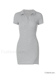 Ribbed Short Sleeve Slit Mini Dress Mini Dresses