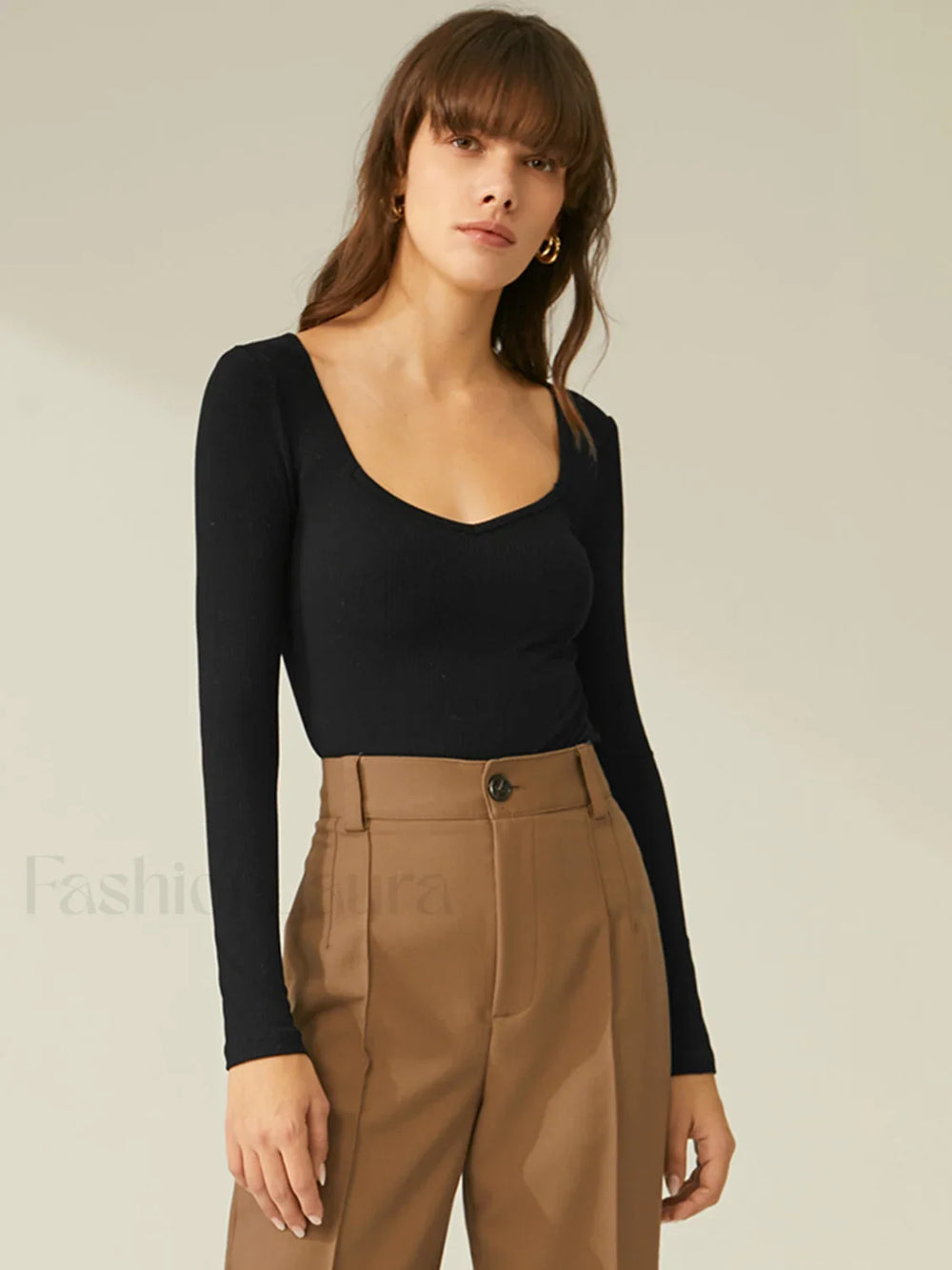 Ribbed Sweetheart Graceful Long Sleeve Top Black / XS T Shirts