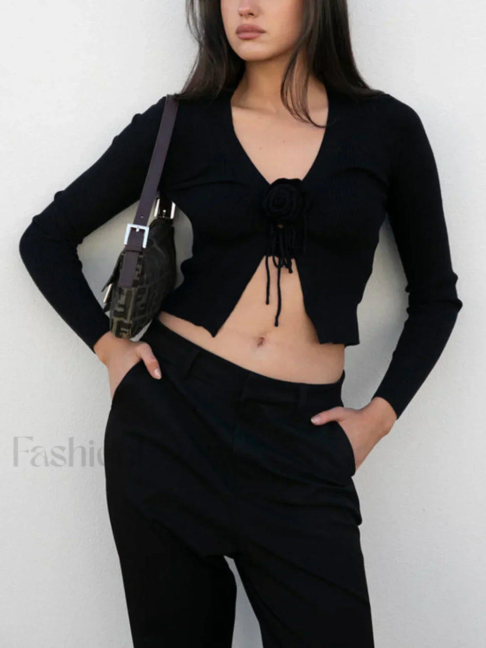 Ribbed V neck Long Sleeve Modern Slit Knit Crop Top Black / S Sweaters L