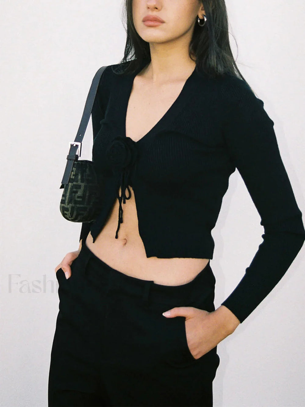 Ribbed V neck Long Sleeve Modern Slit Knit Crop Top Sweaters L